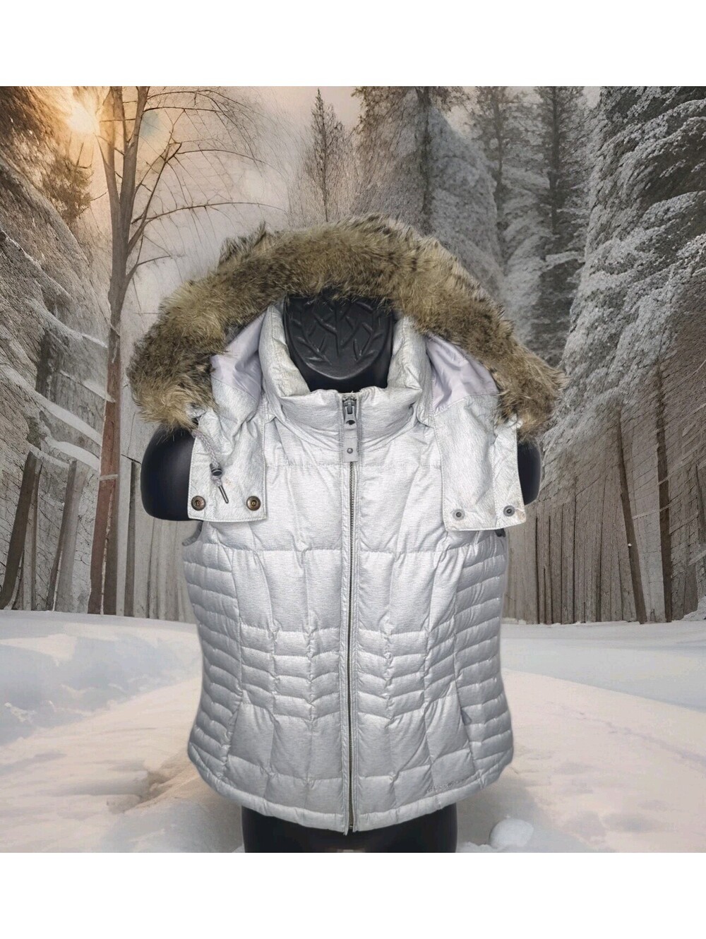 Eddie Bauer Quilt Down Winter Puffer Vest Jacket Women PS Petite Small Hood Fur